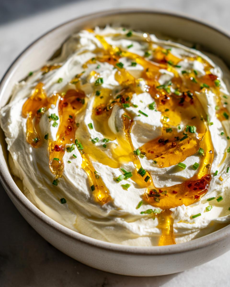 A creamy bowl of whipped feta dip topped with golden honey and chopped chives.