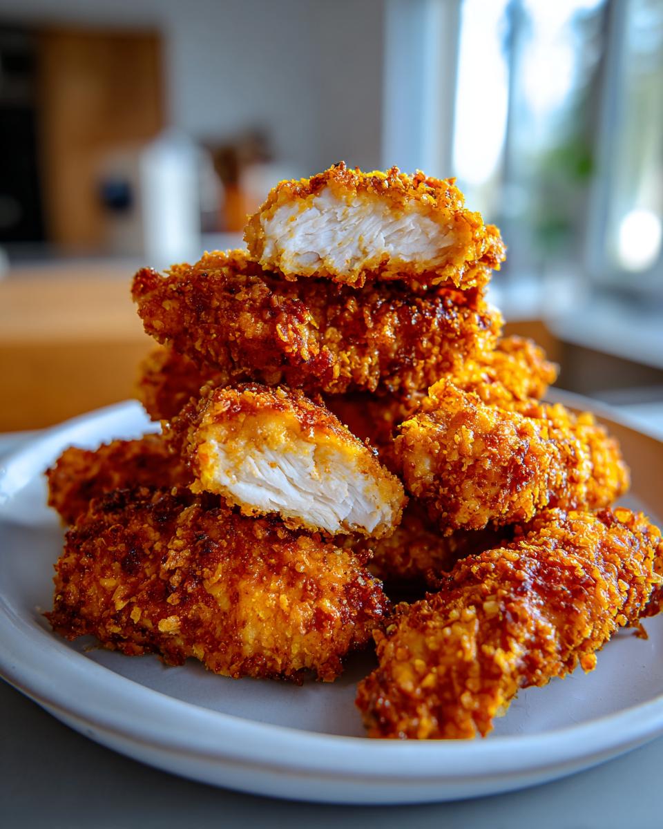 A stack of golden brown, crispy air fryer chicken tenders, one cut open to show juicy white meat.
