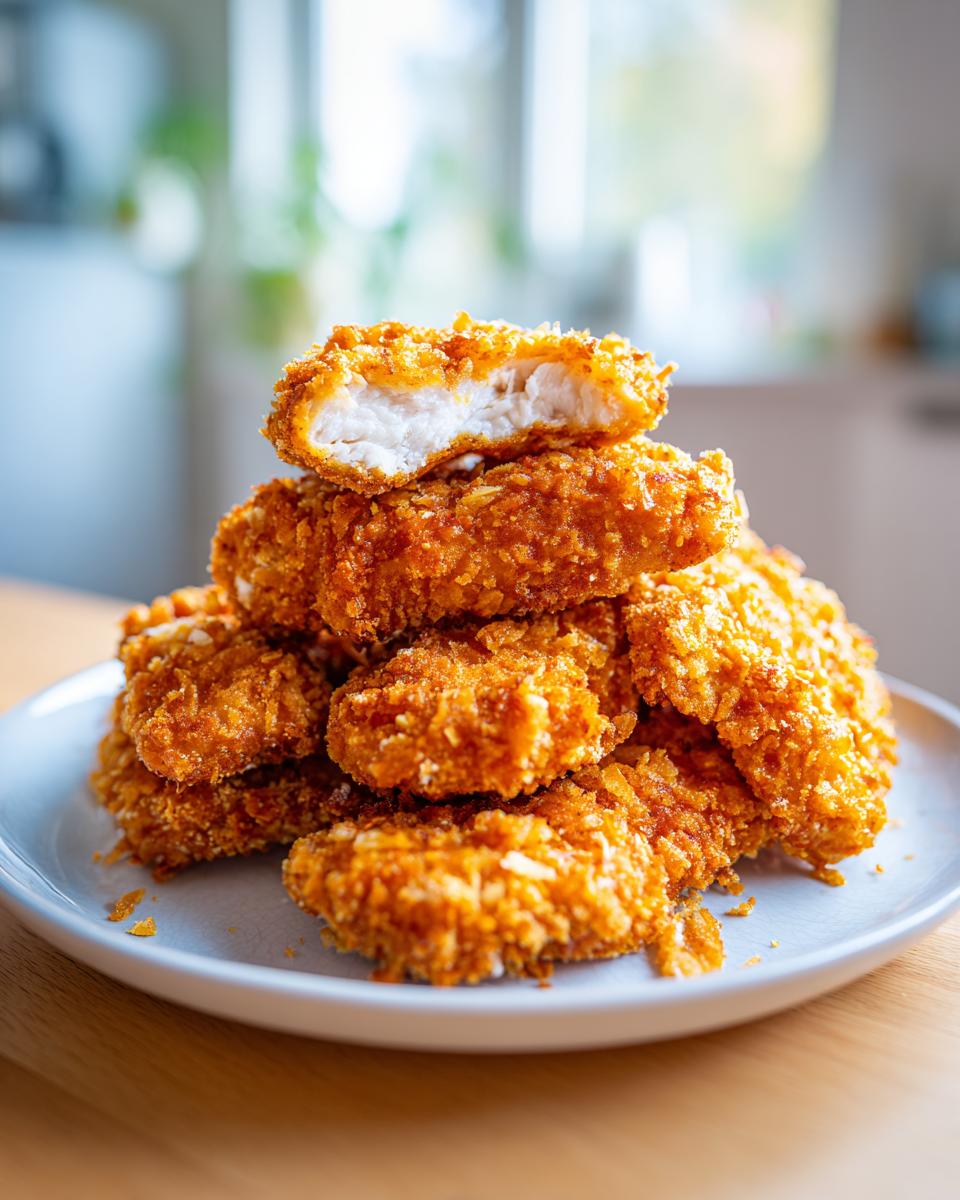 A stack of golden brown, crispy air fryer chicken tenders with one piece broken open showing the white meat inside.