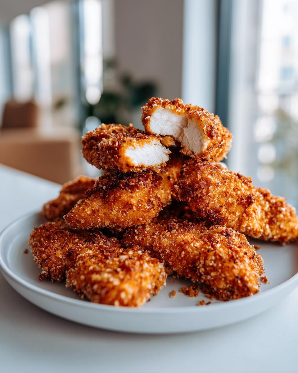 A stack of golden brown, crispy air fryer chicken tenders on a white plate, one tender is broken open showing juicy white meat.