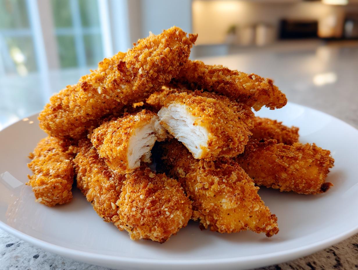 A pile of golden brown, crispy air fryer chicken tenders on a white plate, one cut open showing juicy white meat.