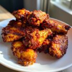 A close-up of a pile of golden-brown, crispy baked chicken wings seasoned with spices.