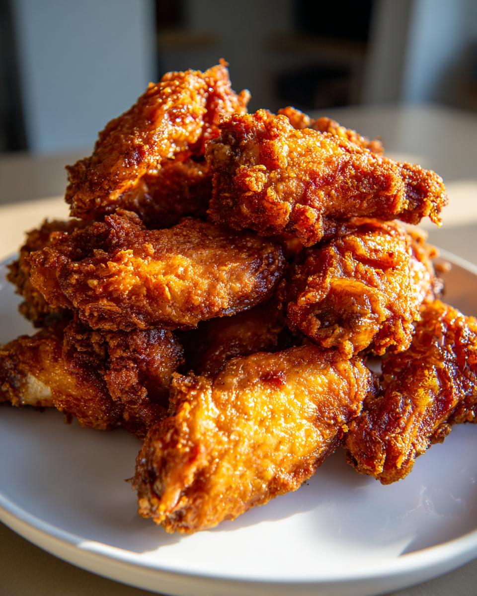 Close-up of a tall pile of golden brown, crispy baked chicken wings glistening under bright light.
