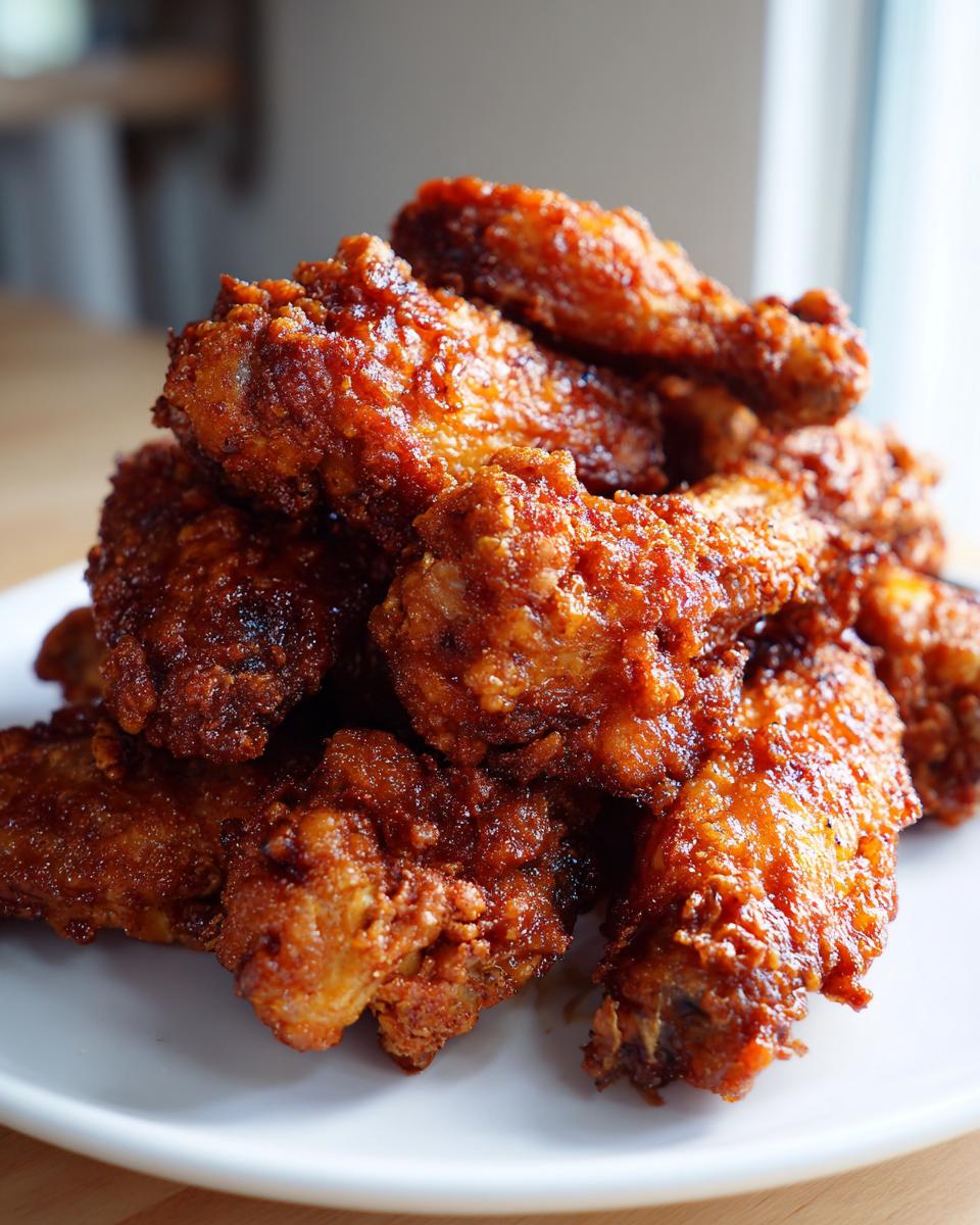 Close-up of a large pile of incredibly crispy baked chicken wings coated in a reddish-brown glaze.