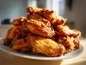 A large pile of golden brown, crispy baked chicken wings stacked high on a white plate.