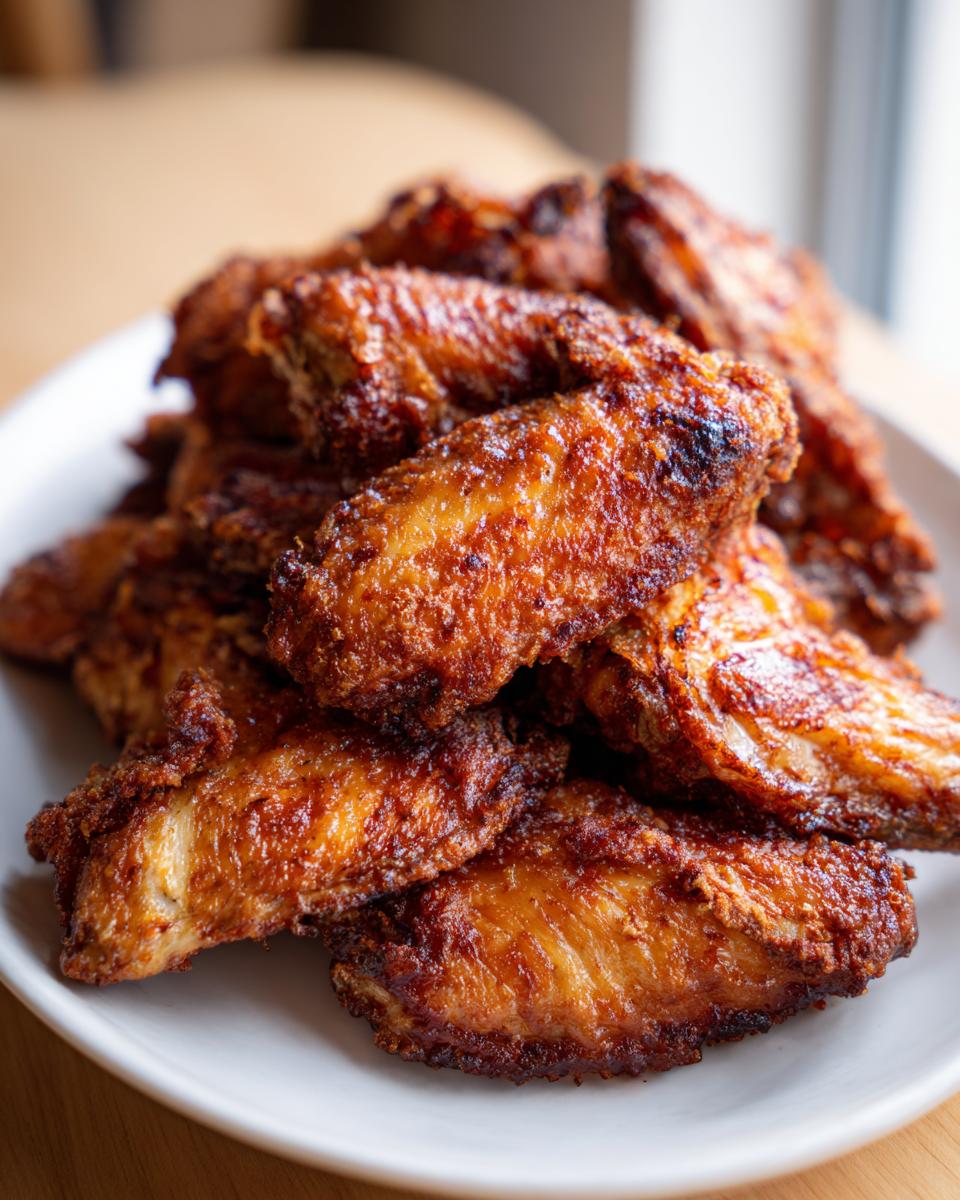 A close-up of a mound of perfectly golden brown, crispy baked chicken wings piled high on a white serving plate.