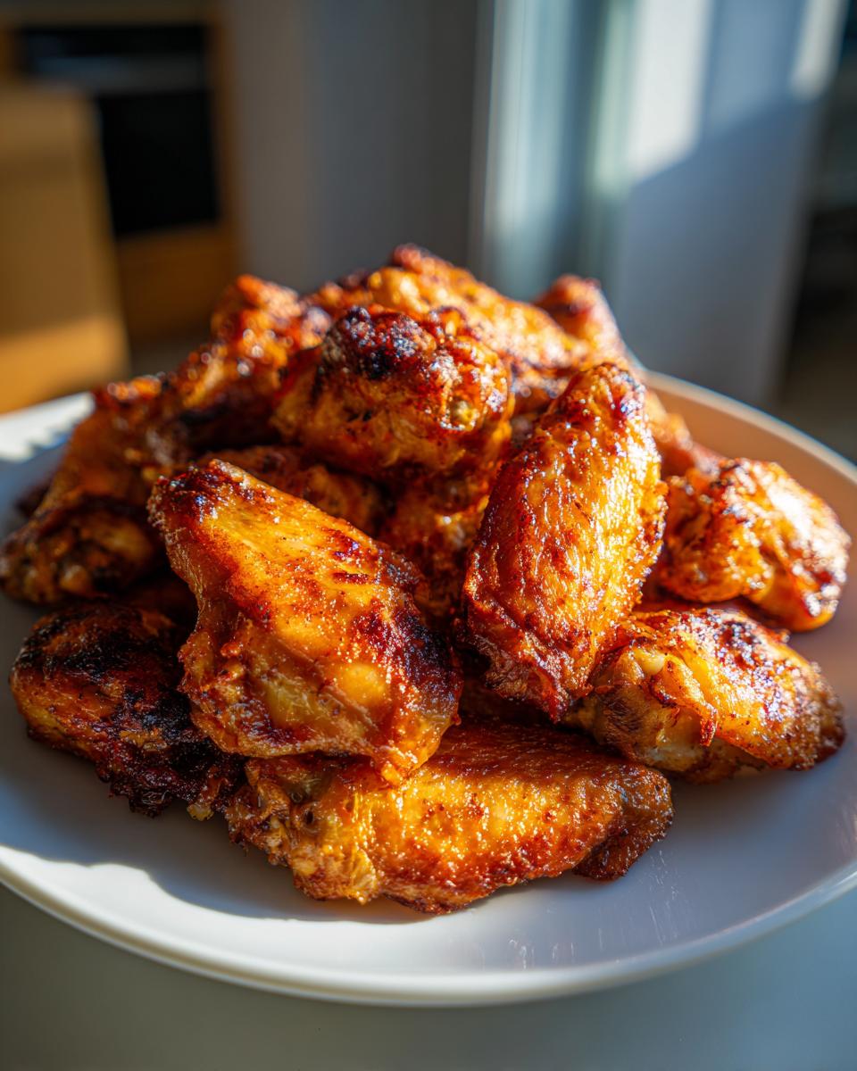A close-up of a large pile of golden brown, crispy baked chicken wings glistening under sunlight.