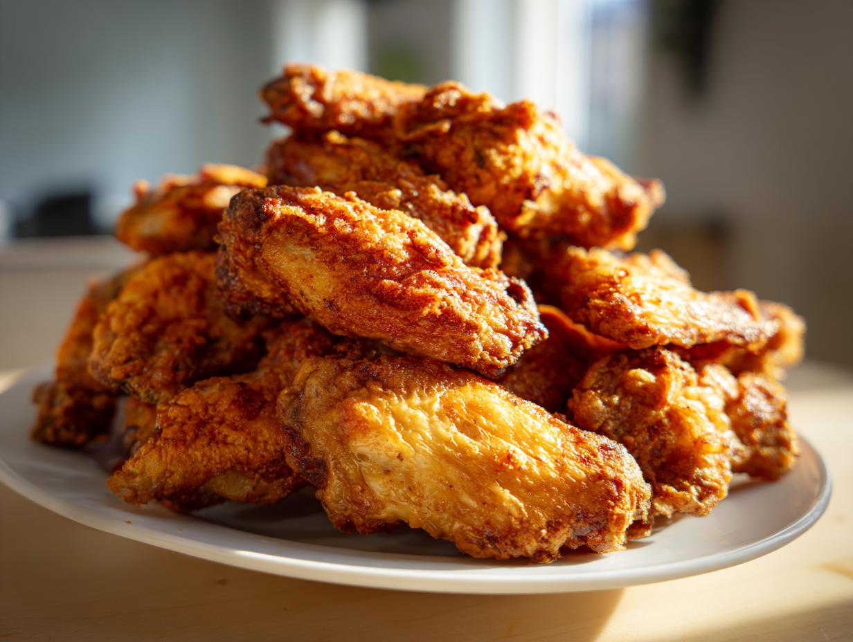 A large pile of golden brown, crispy baked chicken wings stacked high on a white plate.
