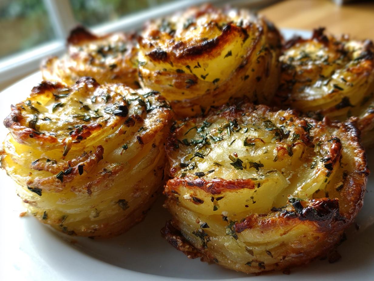 Close-up of several golden-brown, crispy potato stacks seasoned with dried herbs.
