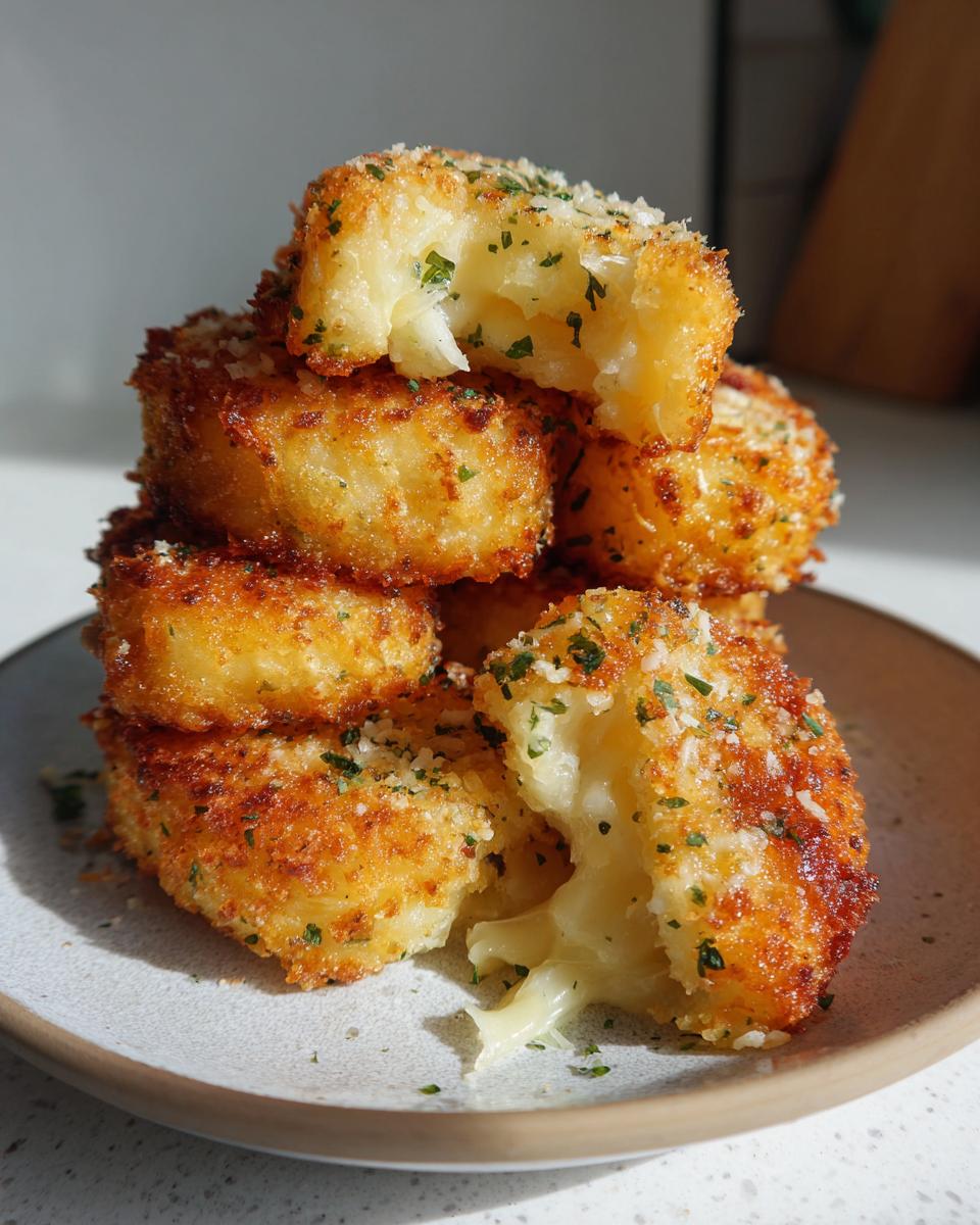 Stack of crispy, golden-brown potato wedges showing a cheesy, melted interior, sprinkled with herbs.