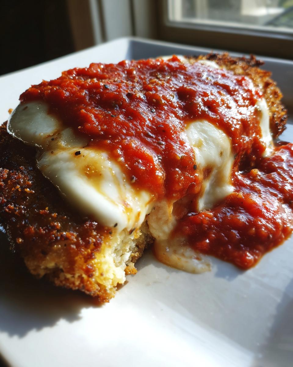 Close-up of a piece of golden, crispy chicken parmesan recipe topped with melted mozzarella and vibrant marinara sauce.