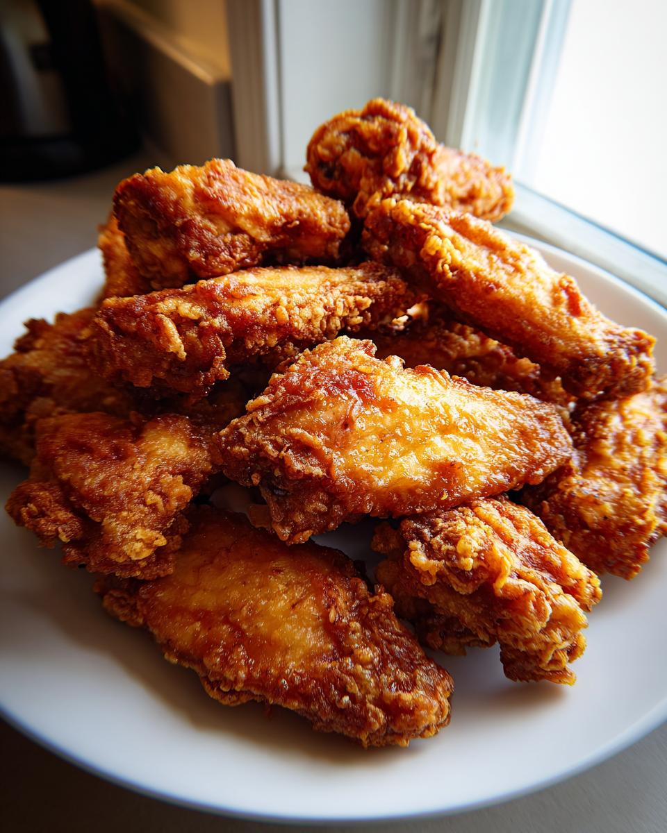 A mound of golden brown, crispy fried chicken wings piled high on a white plate, showcasing their crunchy texture.