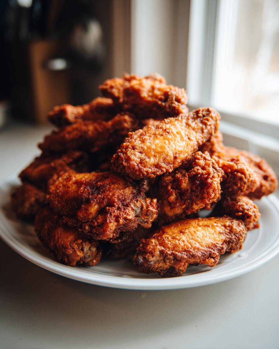 A large pile of perfectly crispy, golden brown chicken wings stacked high on a white plate.