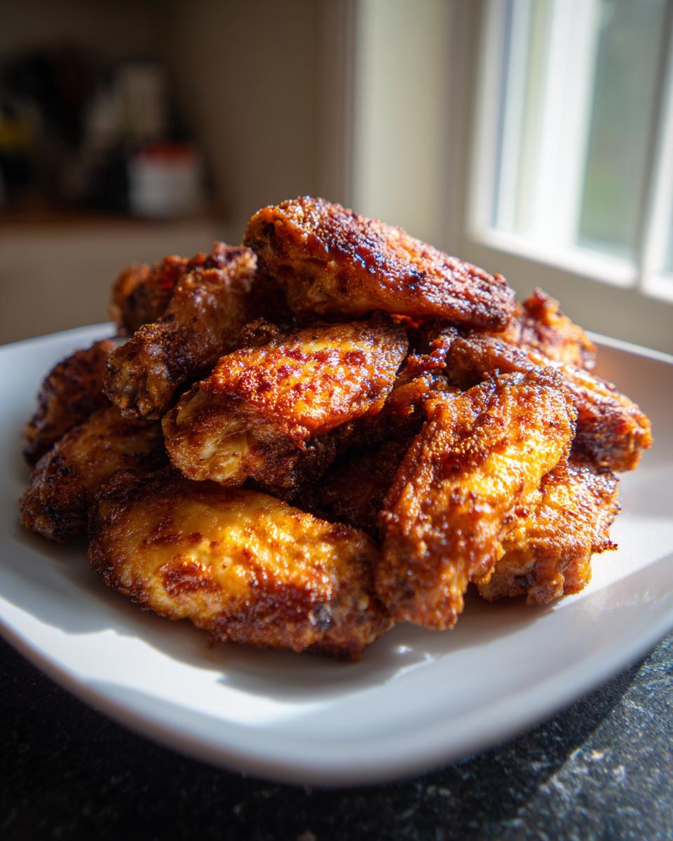 A mound of golden brown, crispy chicken wings piled high on a white square plate, backlit by a window.