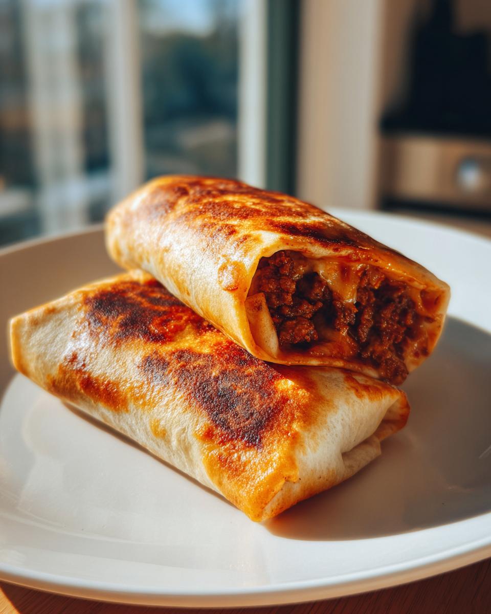 Two golden-brown, crispy chimichangas stacked on a white plate, one cut open revealing a rich, seasoned beef filling.