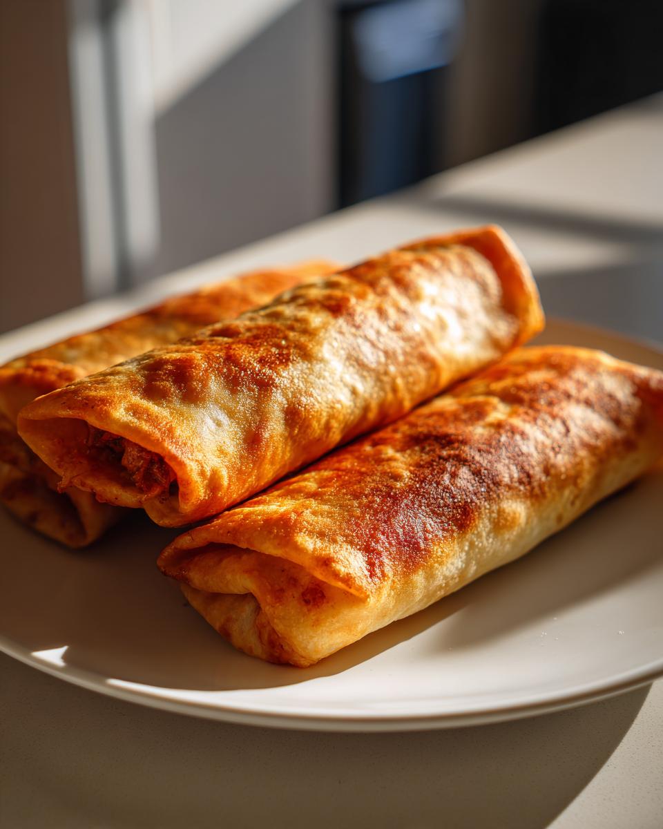 Three golden-brown, crispy Chimichangas stacked on a white plate, showing their fried texture.