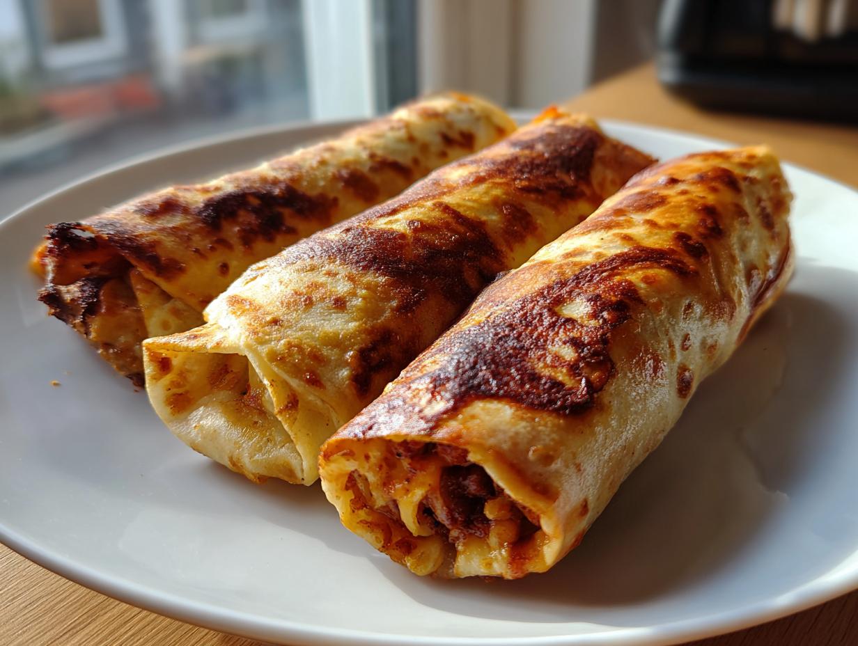 Close-up of three golden-brown, crispy Chimichangas lined up on a white plate near a window.