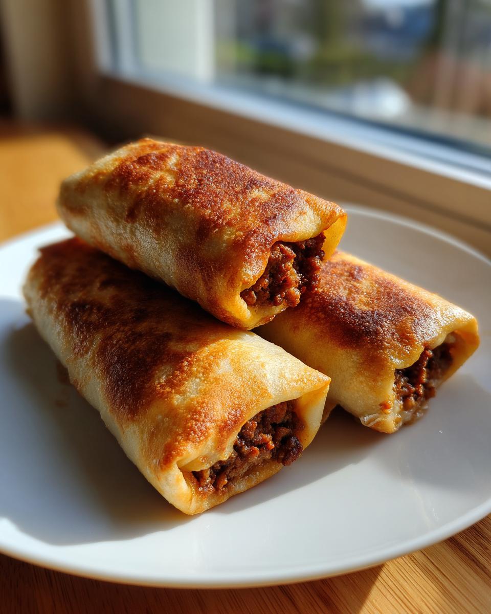 Three golden-brown, crispy chimichangas filled with seasoned meat, stacked on a white plate near a window.