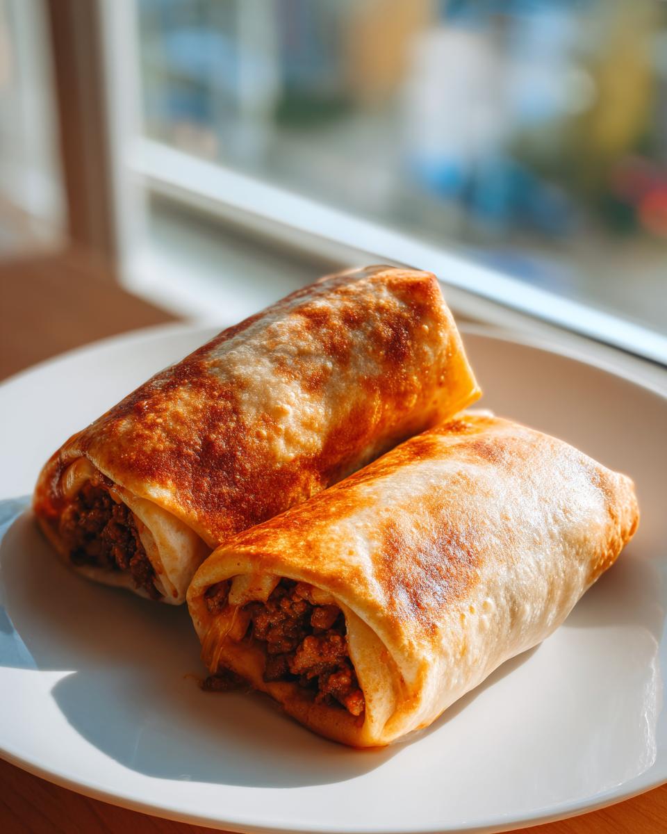 Two golden-brown, crispy chimichangas filled with savory meat filling, served on a white plate near a bright window.