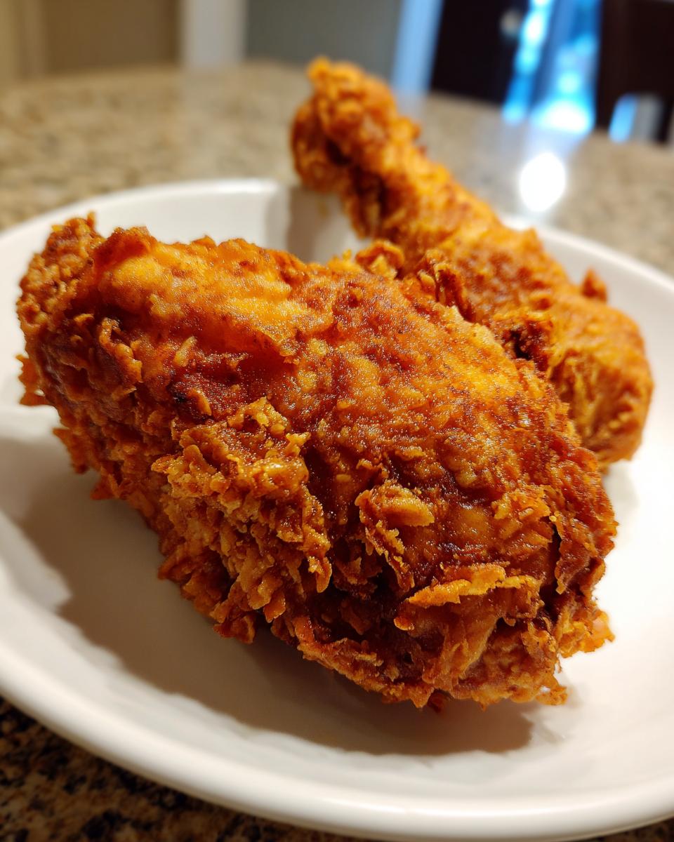 Close-up of two pieces of perfectly crispy, golden brown fried chicken resting on a white plate.