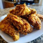 A close-up of a pile of golden-brown, crispy fried chicken wings stacked on a white plate.