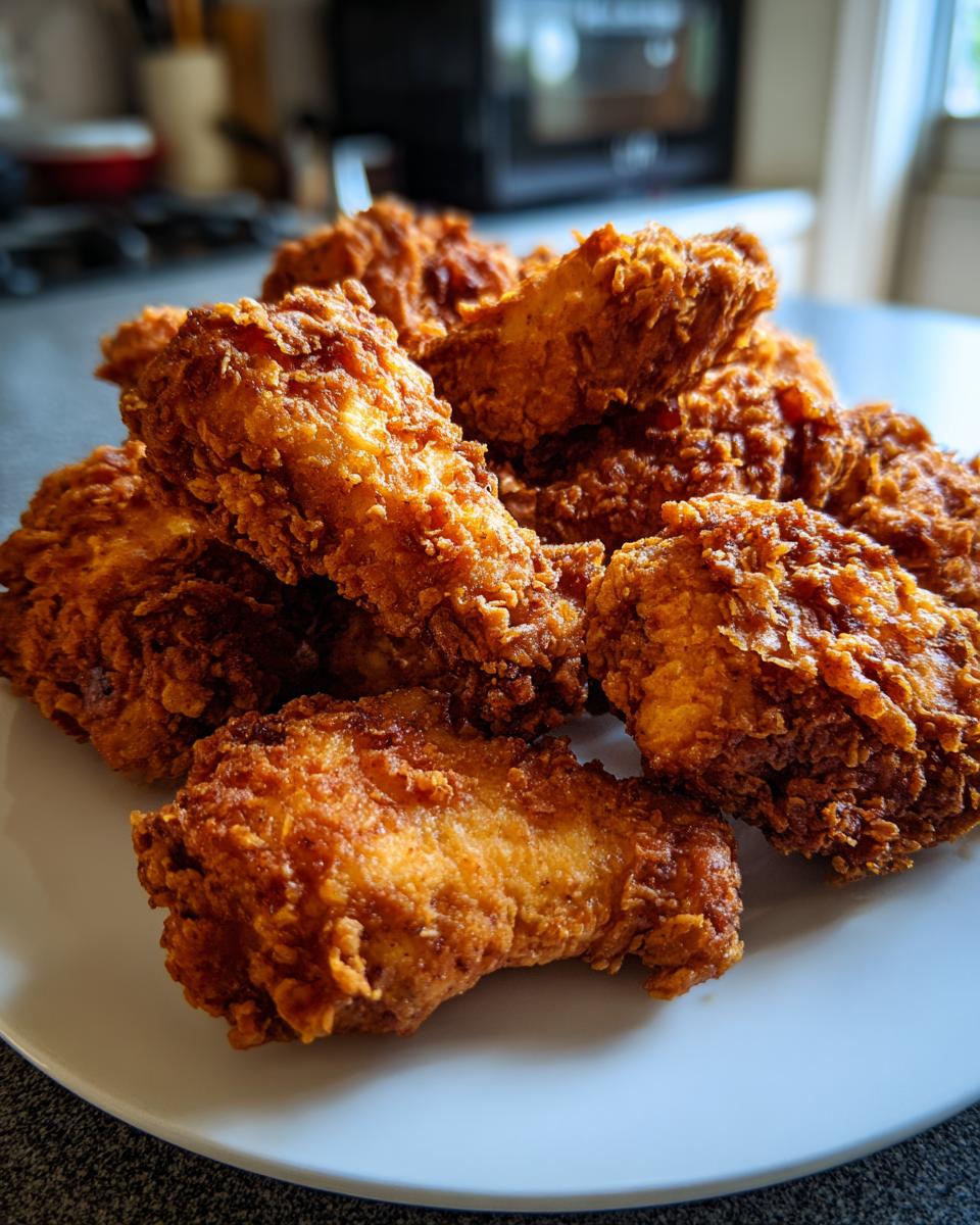 A close-up of a pile of golden brown, crispy fried chicken wings served on a white plate.