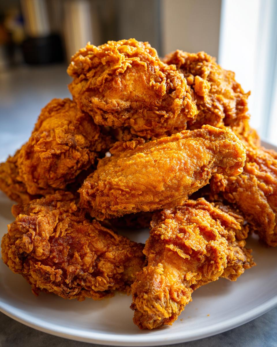 A close-up stack of golden brown, crispy fried chicken wings piled high on a white plate.