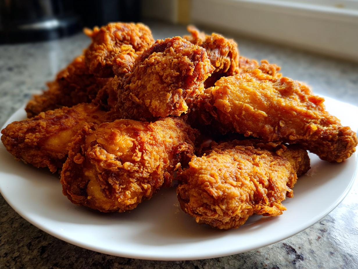 A pile of golden brown, crispy fried chicken wings stacked on a white plate, ready to eat.