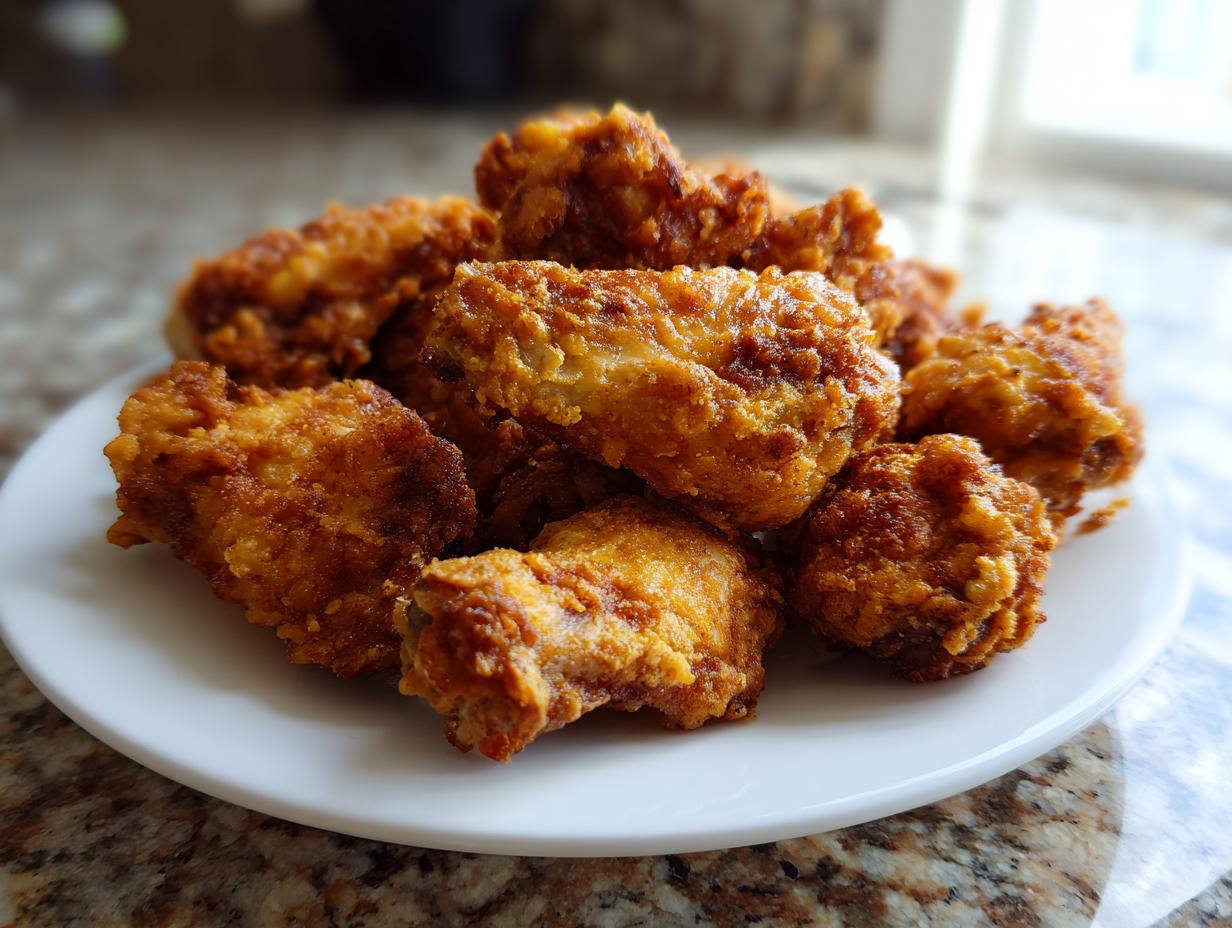 A mound of golden brown, crispy fried chicken wings piled high on a white plate.