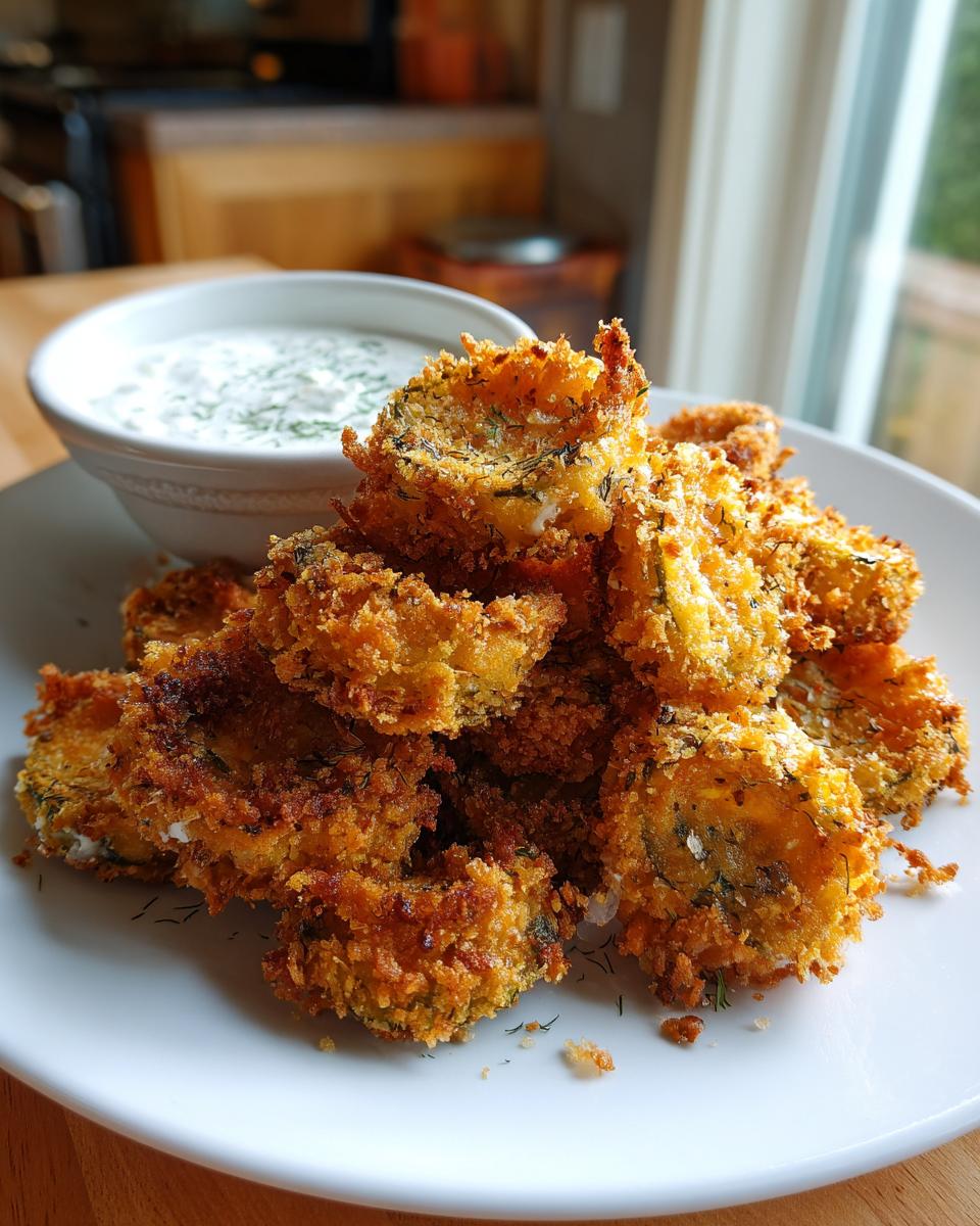A pile of golden brown, crispy Fried Pickles served on a white plate next to a bowl of creamy dill dipping sauce.