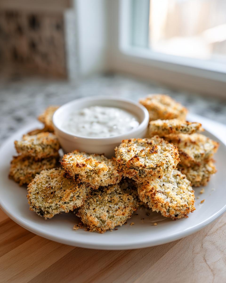 A plate piled high with golden brown, crispy Fried Pickles served next to a small bowl of white dipping sauce.