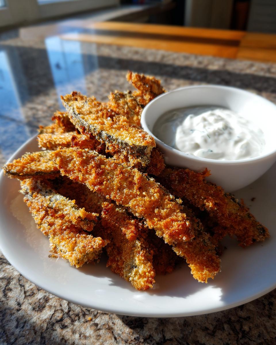 A plate of golden brown, crispy Fried Pickles served next to a small bowl of white dipping sauce.