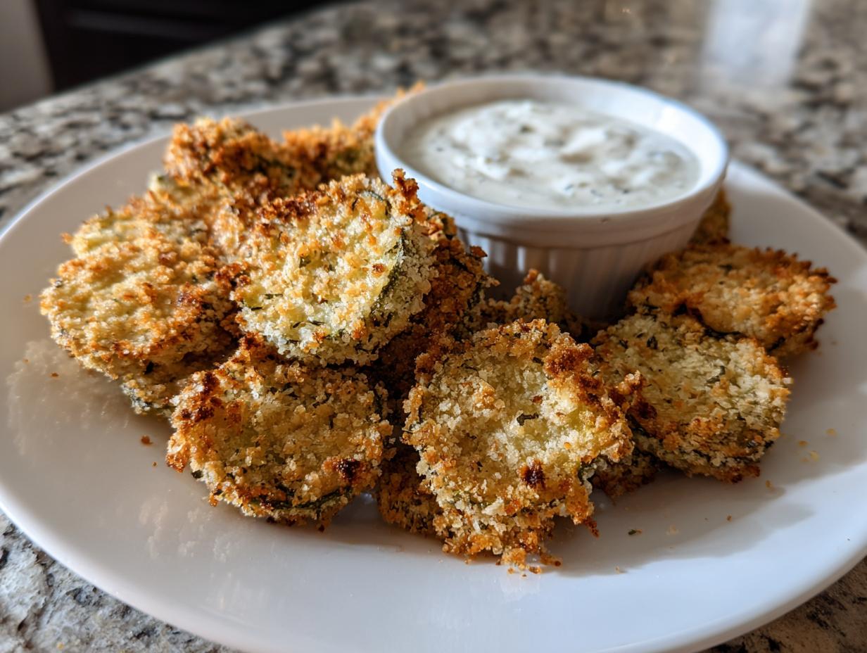 A plate of golden brown, crispy fried pickles served with a small white bowl of creamy dipping sauce.