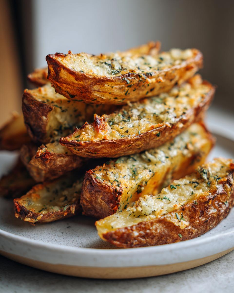 A close-up stack of golden brown, crispy potato wedges topped with melted cheese and herbs.