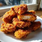 A close-up of crispy, golden-brown homemade chicken nuggets piled on a white plate, with one nugget cut open showing the white chicken meat.