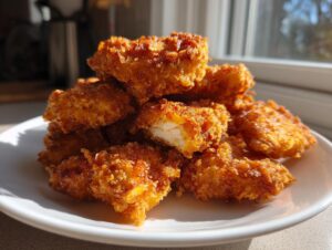 A pile of golden brown, crispy homemade chicken nuggets stacked on a white plate, with one nugget showing the white chicken interior.