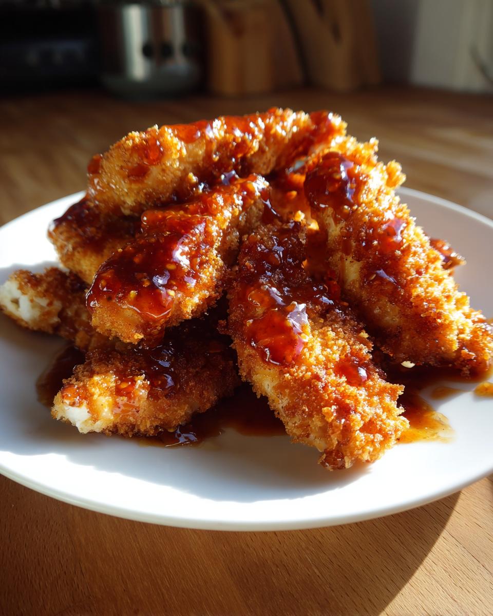 A pile of crispy, golden brown hot honey chicken tenders generously drizzled with a shiny, dark glaze.