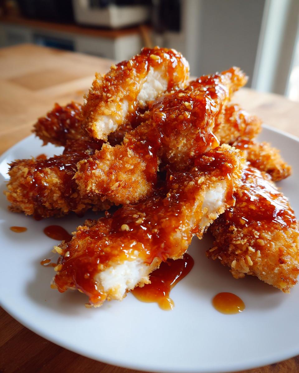 A pile of crispy, breaded hot honey chicken tenders generously drizzled with a shiny, thick hot honey glaze on a white plate.