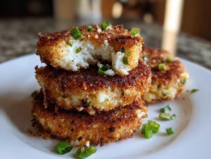 A stack of three golden-brown, crispy mashed potato cakes, with the top one broken open to show the fluffy interior, garnished with chives.