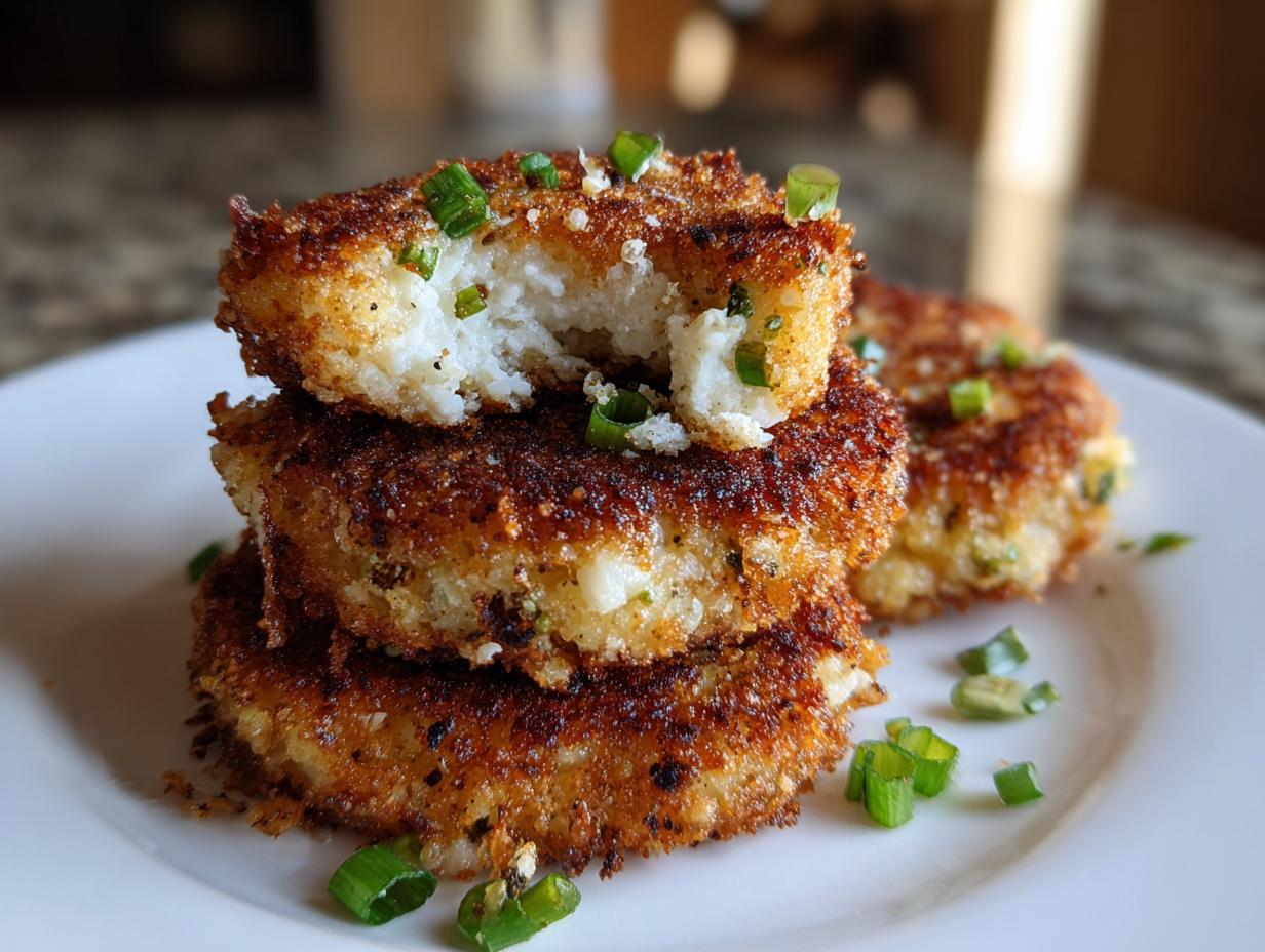 A stack of three golden-brown, crispy mashed potato cakes, with the top one broken open to show the fluffy interior, garnished with chives.