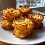 A close-up of several golden brown, crispy potato stacks arranged on a white plate.