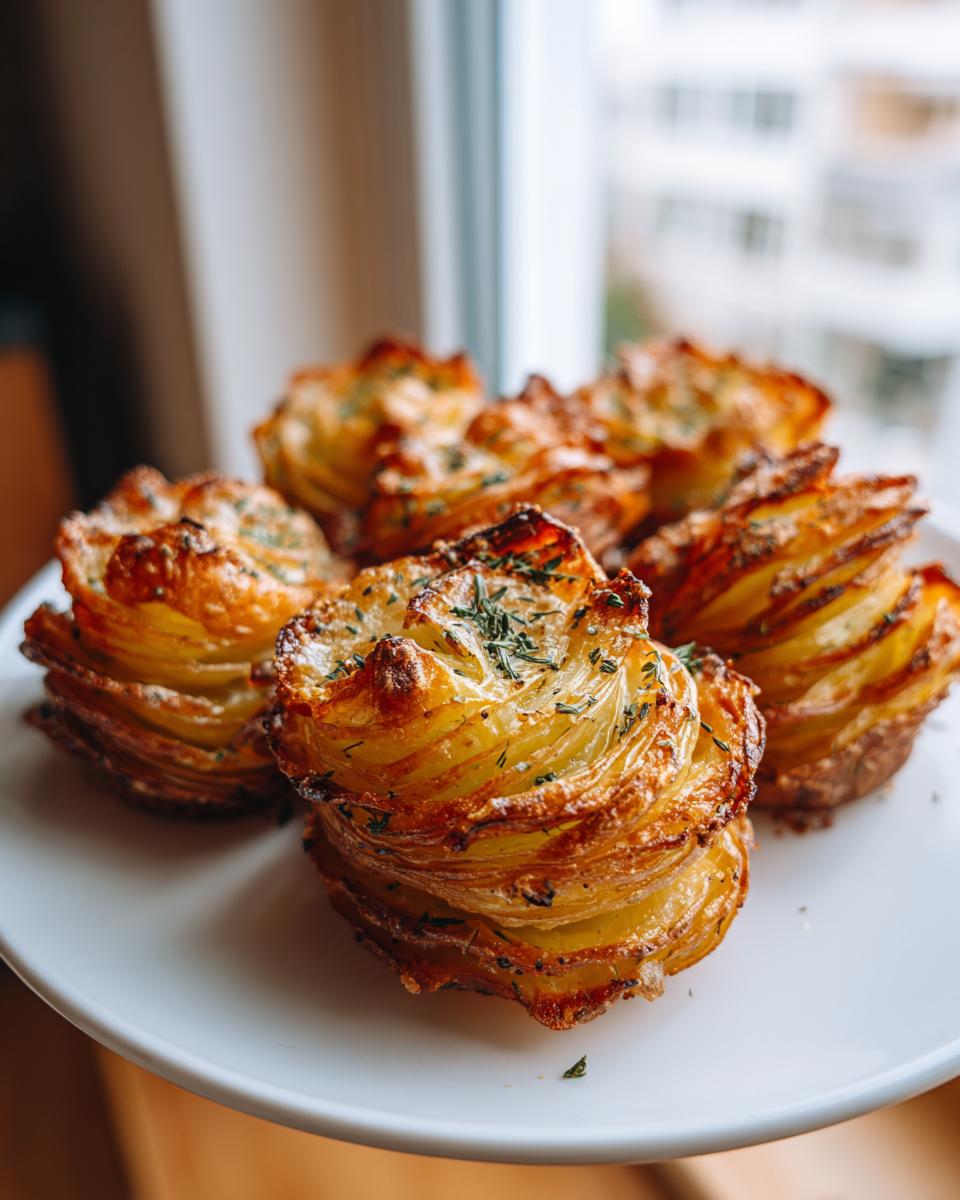Close-up of several golden brown, crispy potato stacks garnished with dried herbs on a white plate.