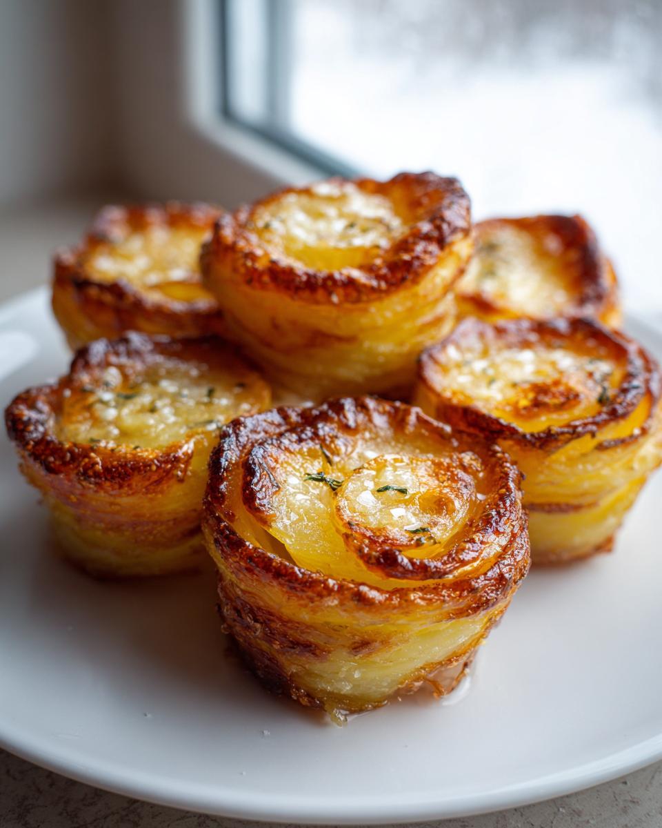 Close-up of several golden brown, crispy potato stacks garnished with herbs, served on a white plate.