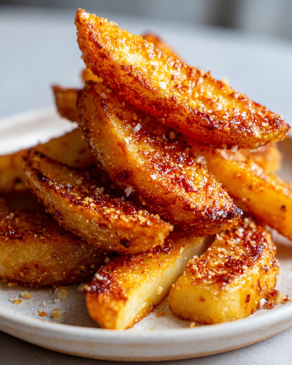 Close-up of perfectly golden and crispy potato wedges seasoned with salt and spices, stacked high.