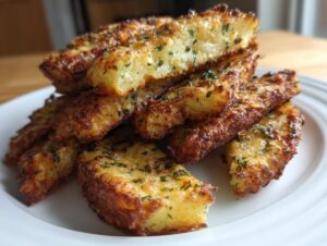 A stack of golden brown, crispy potato wedges seasoned with herbs, showing a fluffy interior.