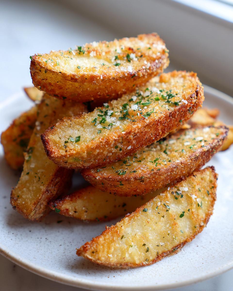 A close-up of perfectly crispy potato wedges, seasoned with salt and parsley, stacked on a light-colored plate.