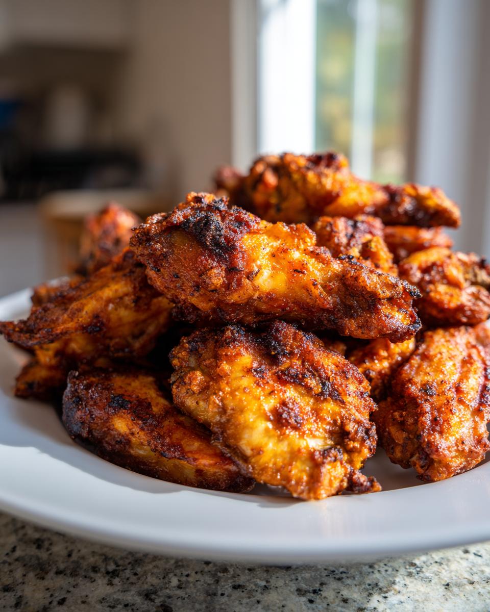 A close-up stack of perfectly crispy, seasoned chicken wings piled high on a white plate.