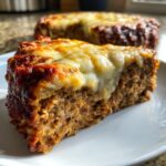 A thick slice of crockpot french onion meatloaf topped with melted cheese and sauce on a white plate.