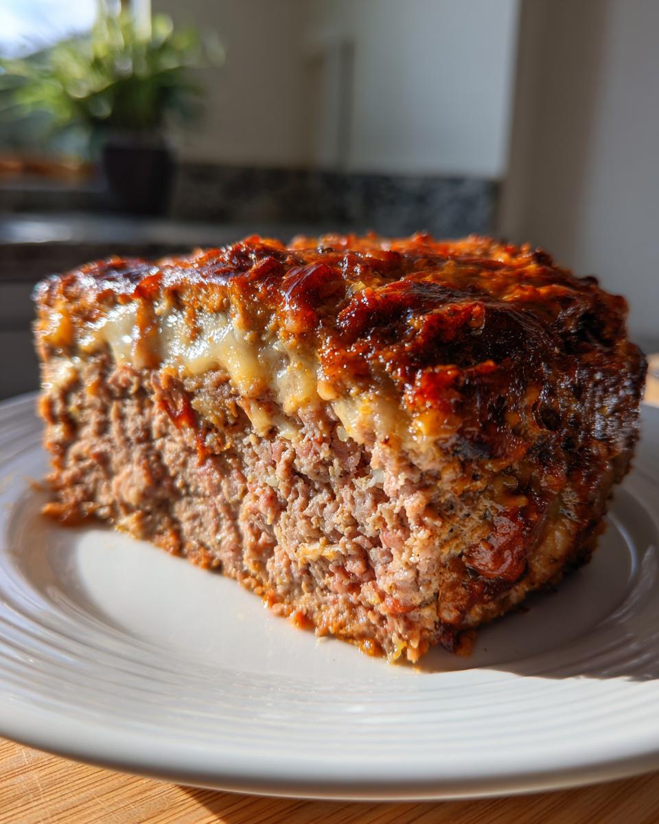 A thick slice of moist crockpot french onion meatloaf with a caramelized, cheesy topping on a white plate.