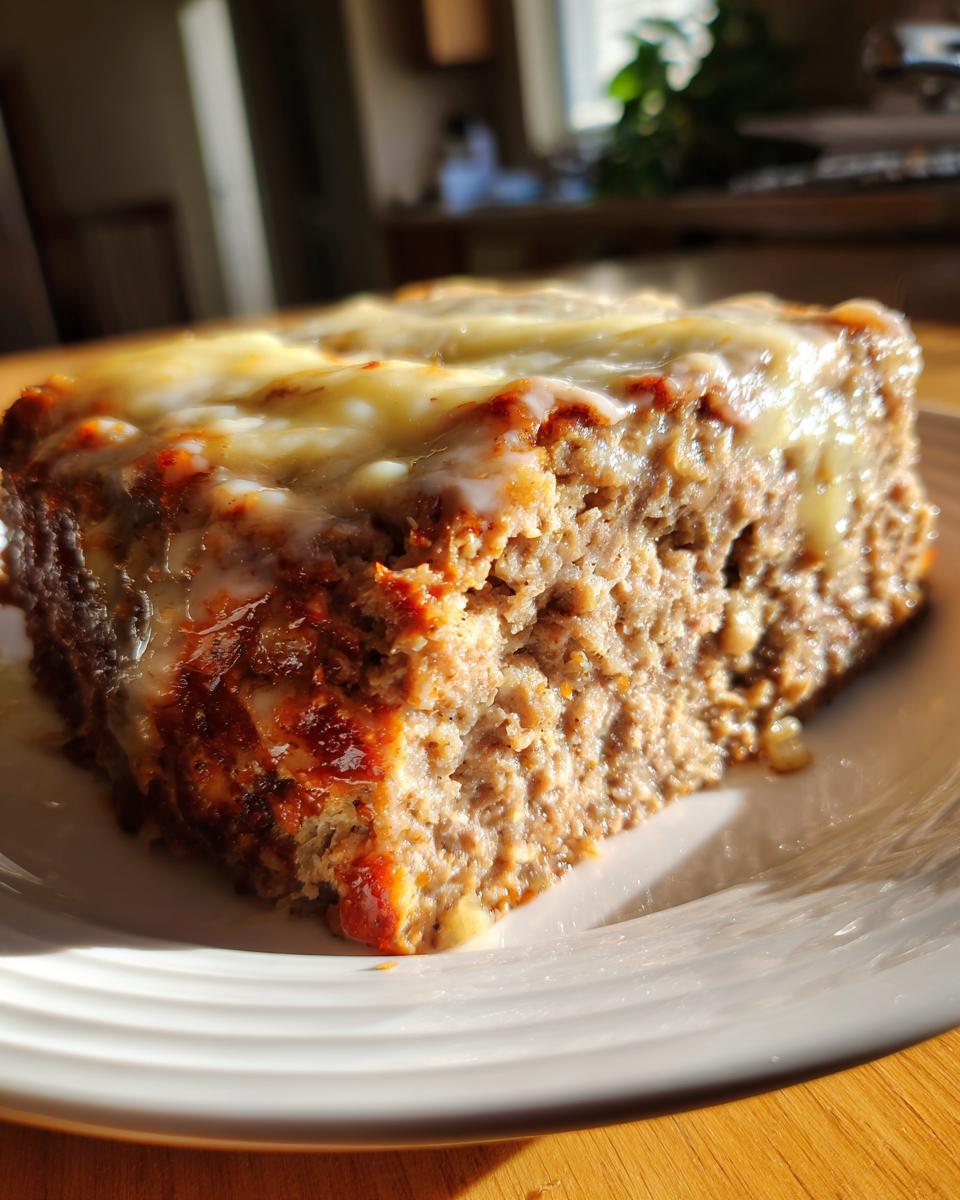A close-up shot of a thick slice of crockpot french onion meatloaf topped with melted, gooey cheese.
